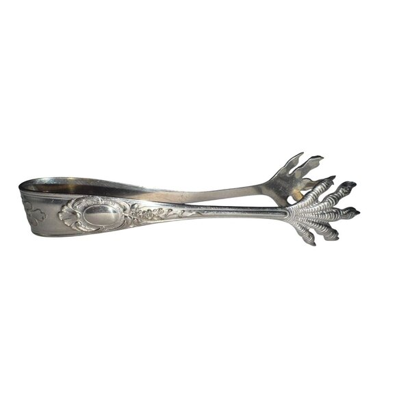 Antique Silverplate Ornate Claw Foot Sugar Tongs With Floral Engraving - Picture 1 of 7